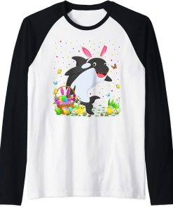 Easter Orca Fish Bunny Egg Hunting Orca Easter Sunday Raglan Baseball Tee