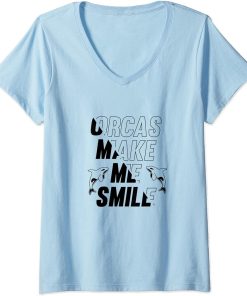 Womens Orcas Make Me Smile Ironic Sea Animal Whale V-Neck T-Shirt