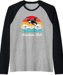 Vintage Aberdeen WA Distressed Orca Killer Whale Art Raglan Baseball Tee