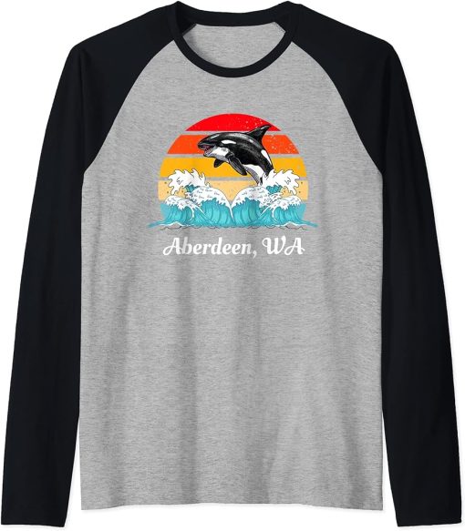 Vintage Aberdeen WA Distressed Orca Killer Whale Art Raglan Baseball Tee